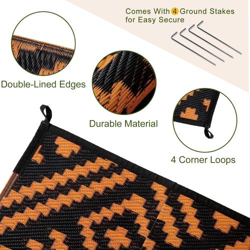 Black and Orange OPPODREAM Outdoor Rug Patio Waterproof, Large Outdoor Plastic Straw Rug, Reversible Out Door Carpet for Camping, Deck, Rv, Area Carpet for Balcony, Porch, Backyard