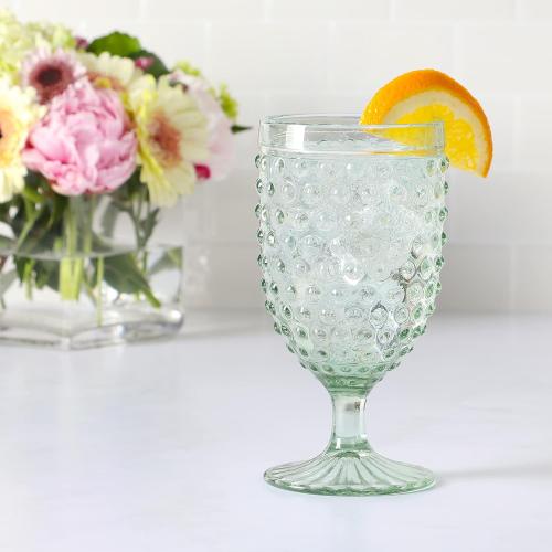 Martha Stewart Chauncey 4-Pack Hobnail Glass Goblets, 14.2 oz – Handmade Green Vintage Drinking Glasses, Textured Glassware for Water, Wine, or Entertaining