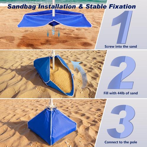 Fisqueen 8FT Large Beach Umbrella with Wind Resistance Sand Anchor Sand Bag, Portable Outdoor Umbrella with UPF50  UV Protection, Tilt Sun Shelter for Beach, Patio, Yard