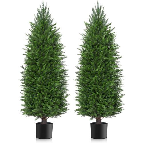 3FT Artificial Topiary Cedar Plants Outdoor, Faux Pine Trees UV Resistant and Potted, 36 Inch Tall Fake Shrubs Evergreen for Front Porch Decor Set of 2