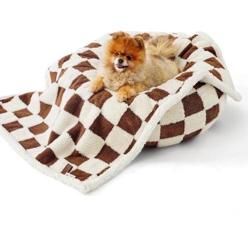 Lesure Waterproof Puppy Blanket for Small Dogs - Washable Double Sided Dog Blankets with Warm Jacquard Shag and Soft Sherpa Fleece, Pet Cat Blanket for Couch Protection, 3D Textured Checks, Brown