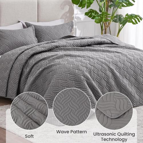 Love's cabin King Size Quilt Bedding Set Grey Bedspreads - Bed Summer Lightweight Bedspread Comforter - Wave Pattern Bedding Coverlet for All Season - 3 Pieces (1 Quilt, 2 Pillow Shams)