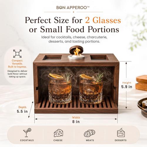 Bon Apperoo™ 2-Glass Culinary Smoker Box with Torch - Portable Cold Food and Cocktail Infuser - Indoor Whiskey and Bourbon Smoking Kit - Ideal for Drinks and Charcuterie - Butane Not Included