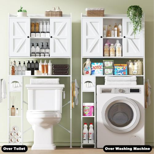 32W Over The Toilet Storage Cabinet with Metal Frame and 7 Storage Shelves, Bathroom Organizer with Adjustable Shelves and Paper Holder, Farmhouse Storage Cabinet for Bathroom, Laundry, White