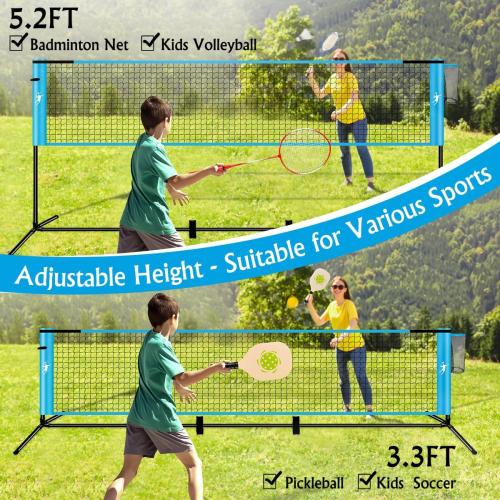 Pickleball Badminton Net Set for Backyards, All-in-One Portable Volleyball Combo Set with Adjustable Net, Volleyball Pickleball Paddles & Badminton Rackets for Indoor Outdoor