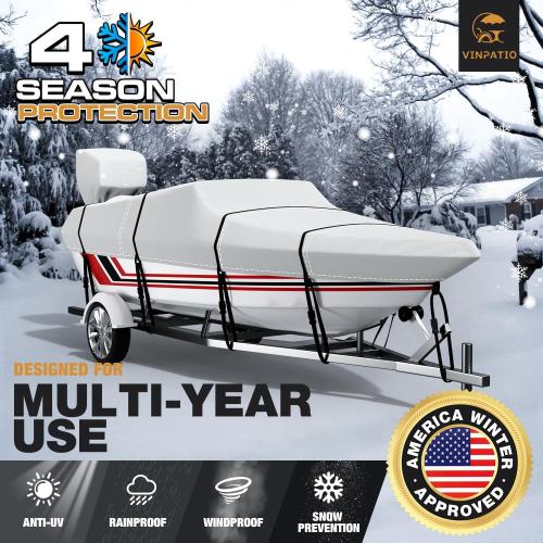 Light Grey Trailerable Boat Cover, 600D Solution-Dyed Bass Boat Cover, Heavy Duty 100% Waterproof Boat Covers Fits V-Hull Runabout Fishing Ski Pro-Style Bass Boats