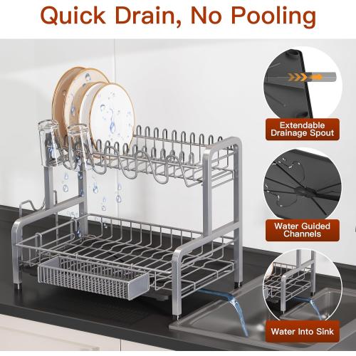 2 Tier Dish Drainers Drying Rack for Kitchen Counter Large Stainless Steel Dishes Drain with Drainboard, Space Saving, Big Modern Silver Countertop Metal Plates Dryer Strainer Holder and Extra Tray
