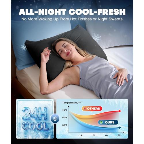 Ultra-Chill Cooling Pillowcase Set of 2 for Hot Sleepers, Softer Than Silk Pillow Cases for Protecting Hair & Skin, Breathable Bed Pillow Covers w/Zipper, Gifts for Women Men (Black, Queen)
