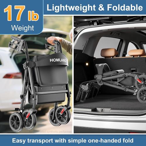 HOMLAND Foldable Walker for Seniors with Seat, 17lb Lightweight, Ergonomic | 350lb Capacity, 8 All-Terrain Wheels, Adjustable Height, Easy to Assemble, Ergonomic Seat, Lightweight Aluminum Frame, Black