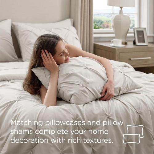 Bedsure Queen Comforter Set Linen - Bed in a Bag Queen Size Bedding 7 Pieces, GentleSoft™ Pintuck Bed Set Gift for Family, Pinch Pleat All Season Comforter with Sheets, Pillowcases & Shams