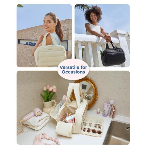 BAGSMART Travel Toiletry Bag, Crush Toiletry Bag for Women, Wide-open Puffy Toiletry Bags for Traveling, Large Travel Cosmetic Makeup Bag Organizer for Accessories,Toiletrie, Beige