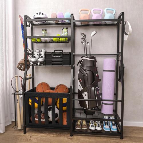 Faesun Garage Sports Equipment Organizer, Golf Bag Storage Rack, Heavy Duty Ball Holder with Basket & Hooks, Indoor/Outdoor Basketball Storage Bins for Toy Sports Gear Storage