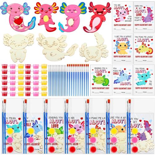 Leinuosen 28 Sets Valentine's Day Axolotl Party Favors Wood Painting Craft Kits with DIY Art Supplies and Cards for Birthday Party Goodie Bag Fillers Prizes Exchange
