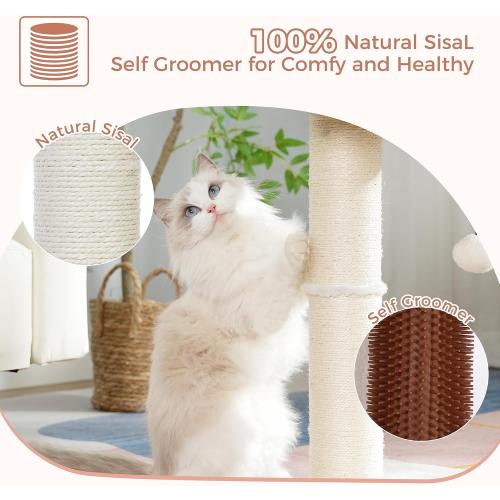 Cat Tree Tower for Large Cats Cat Scratching Post with Cat Self Groomer, 20x15.7” Wide Top Bed, Thick Scratch Post [Dia=4.5”] and Danging Ball Great for Indoor Cats-Large Beige