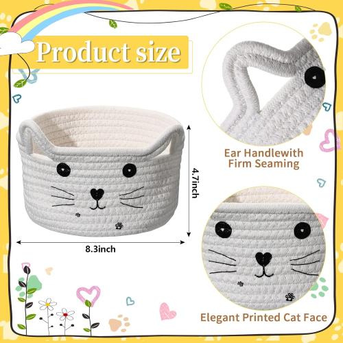 Zopeal Cat Basket Storage Woven Organizer with Ears Easter Decorative Gift Pet Toy Cute Cotton Rope Basket for Gift Cat Dog Toy Bin Nursery Room(8.3 x 4.7 Inch,White)
