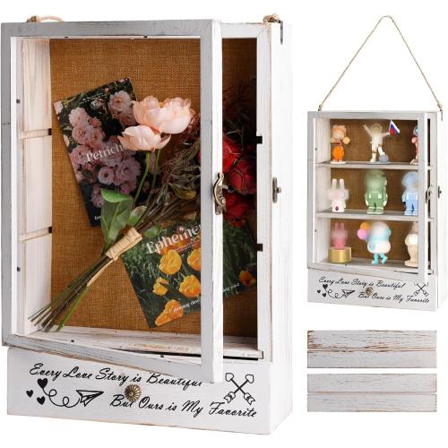 Large Shadow Box Frame 11x16 , 3.5” Deep Shadow Box with Drawers and Removable Shelves, Rustic White Color Wood Picture Display Frame Memory Box for Tickets Wedding Bouquet for Wall or Tabletop