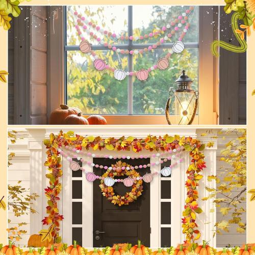 Breling 3 Pcs 10 ft Fall Felt Ball Garlands Pink Pumpkin Felt Pom Pom Banner Autumn Pumpkin Garland Decorations Festive Harvest Hanging Decorations for Fall Thanksgiving Home Wall Mantle Hanging Decor