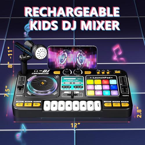 OZMI Kids DJ Music Mixer Table Board Set Toy with Microphone, Lights – Interactive Musical Toys for Ages 3-12 | 100  Sounds, Piano Keys, Disco Mode, Rechargeable for Kids Boys & Girls