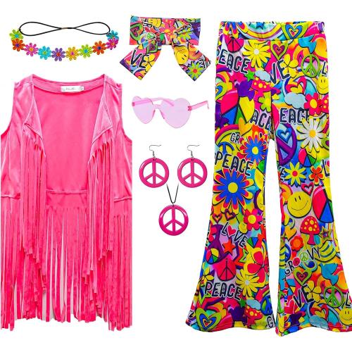 8 Pcs Girls Kids 60s 70s Hippie Costume Disco Outfits Fringe Vest Boho Bell Bottoms Hippie Outfits Accessories Set xl