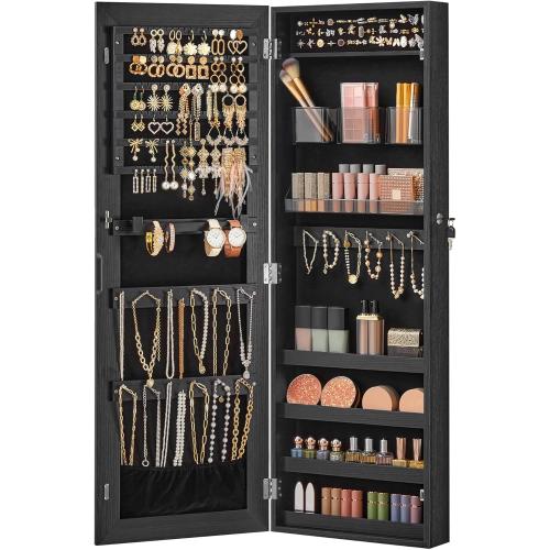 SONGMICS Mirror Jewelry Cabinet Armoire, Wall or Door Mounted Jewelry Storage, Hanging Lockable Frameless with 2 Plastic Cosmetic Organizers, Gift Idea, Black UJJC001B01