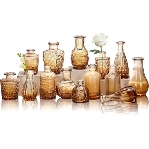 CUCUMI 14pcs Glass Bud Vase Set, Small Amber Vases for Centerpieces in Bulk, Vintage Glass Flower Vases for Wedding Home Table Party Decor