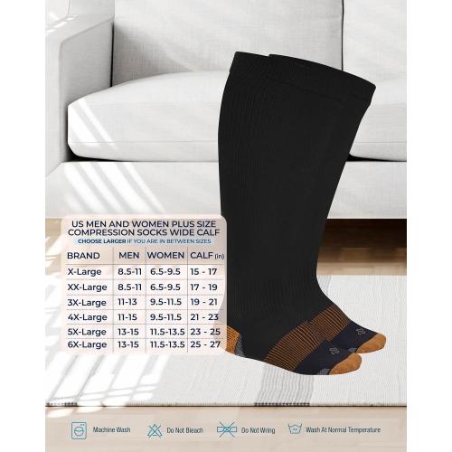 Doctor's Select Copper Plus Size Compression Socks Wide Calf - 2 Pairs | 20-30mmHg Extra Wide Calf Compression Sock Women | Copper Socks for Swelling, Varicose Veins | Extra Wide Calf Compression Sock | Black Wide Compression Socks for Women & Men