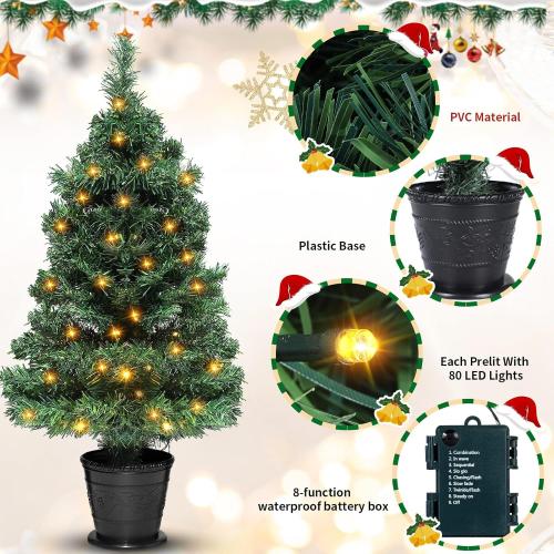 Sosation 2 Pcs 3 ft Artificial Christmas Tree Decor Prelit Tabletop Flocked Christmas Tree with Lights Pine Cones Plasic Base Pre Lit Green Xmas for Indoor Porch Decoration 8 Modes Timer 80 LEDs