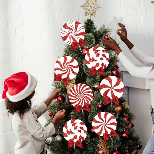 24 Pcs Large Christmas Decorations Indoor: Red White Peppermint Lollipop Christmas Tree Picks Swirl Lollipop Decorations for Xmas Tree Topper Home Office Party Vase Decor