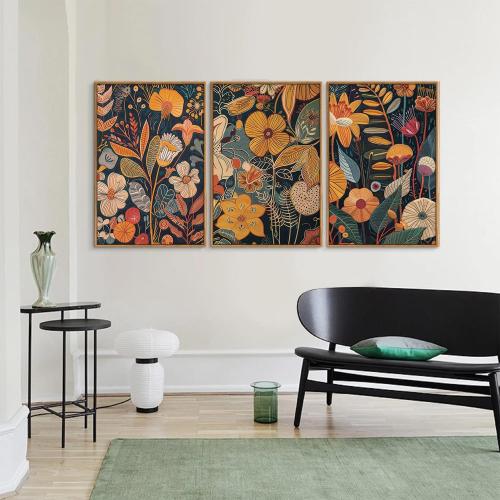 Set of 3 Size 24x36x3 SIGNINART Boho Botanical Framed Canvas Wall Art Set of 3, Mid Century Modern Wall Decor, Burnt Orange Floral Artwork, Neutral Flower Plant Art Prints for Bedroom Living Room Office