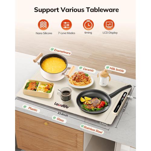 Food Warming Mat 24x16 Inches, Electric Warming Tray with 7 Temps, Foldable Food Warmer for Parties, Buffets, Family Gatherings, Holiday & Sabbath, Child Lock, Heating Mat for Food, Beige