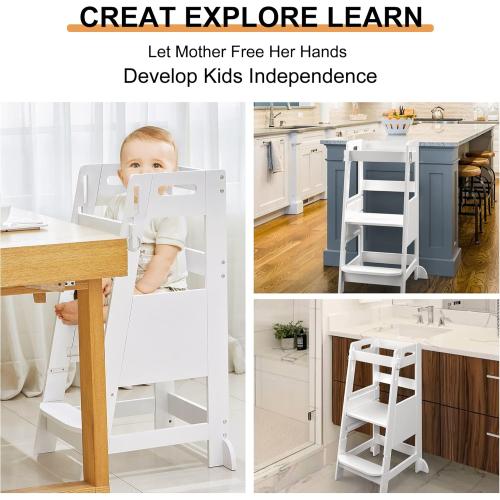 TOETOL Bamboo Toddler Kitchen Step Stool White Helper Standing Tower Height Adjustable with Anti-Slip Protection for Kids Kitchen Counter Learning