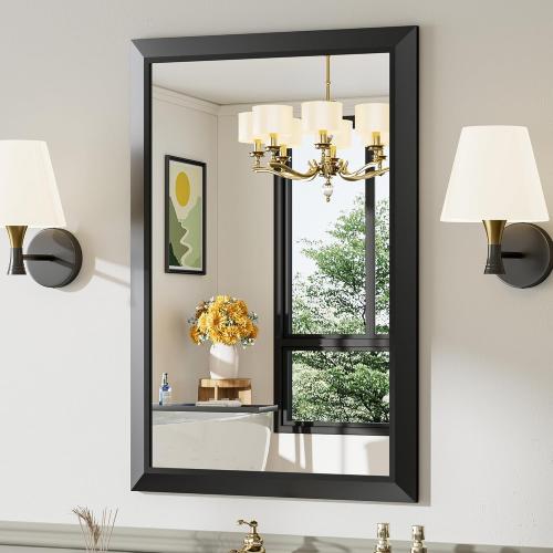 Briivue 24x36 Inch Black Bathroom Mirror for Wall, Thick Metal Framed Rectangle Mirrors for Over Sink, Bedroom, Living Room, Entryway, Anti-Rust, HD Tempered Glass
