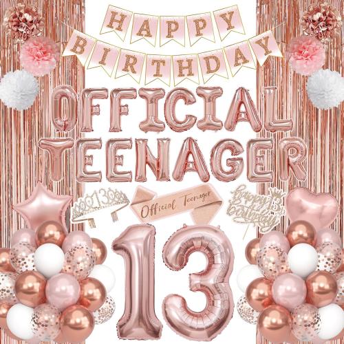 13th Birthday Party Decorations for Girls, Rose Gold Official Teenager Foil Balloons 13th Birthday Banner Fringe Curtain Crown Sash Paper Pompoms Cake Topper for 13 Year Old Girls Party Favor Supplies