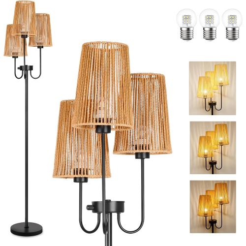Boho Floor Lamp for Living Room, 3 Light Farmhouse Floor Lamps with Cage Rattan Shade & 7W LED Bulbs, Black Rustic Tree Standing Tall Lamp for Bedroom Corner,65,3 Color Temperature