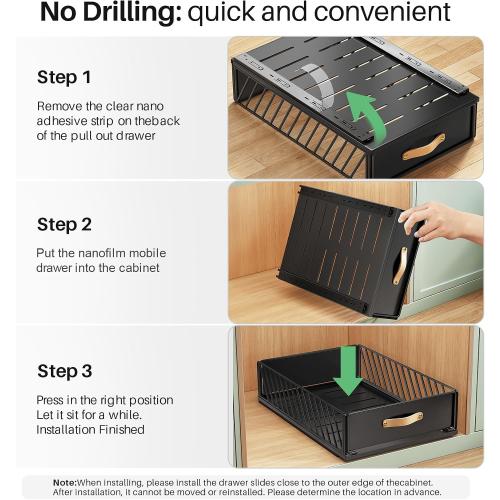 Pull out Cabinet Organizer Fixed with Adhesive Nano Film,Heavy Duty Slide out Pantry Shelves Drawer Storage,Sliding Mesh Cabinet Basket with Handle for Kitchen, Bathroom,Home, 15.8W X 21D X6.2H