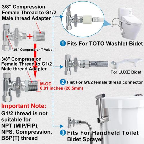 YUHX Brass Angle Stop Add-A-Tee Valve for TOTO Washlet Bidet and Handheld Sprayer, 3/8 Inch Compression Shut Off 3 Way Diverter Connector, 3/8 x3/8x3/8 or 1/2 Toilet T Adapter
