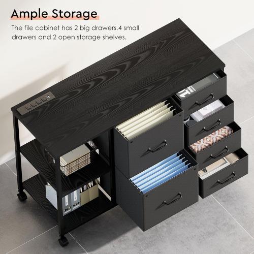 6 Drawer File Cabinet with Charging Station Rolling Printer Stand with Open Storage Shelf Fabric Lateral Filing Cabinet for Home Office,Black