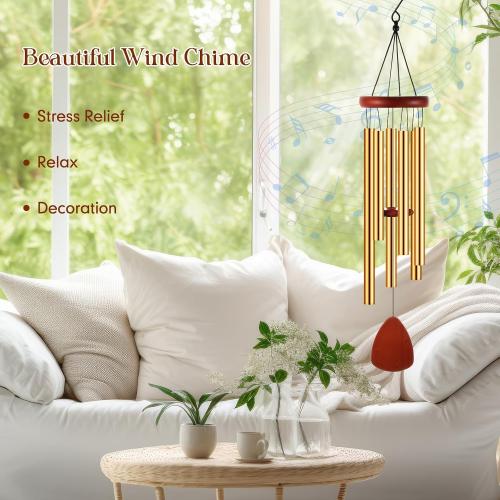 Leinuosen Wind Chimes for Outside Wind Chimes Outdoors Deep Tones 28 with 6 Aluminum Tubes Memorial Sympathy Windchime for Valentine Tree Decor Garden Courtyard Mom Loved One Gifts(Classic,Gold)