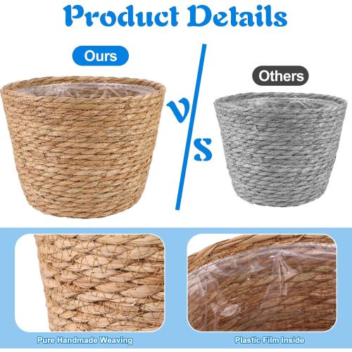 4 Pcs Large Premium Seagrass Planter Basket with Plastic Lining Natural Stylish Planter Baskets Indoor Outdoor Plants Woven Wicker Baskets for Plants Flower Pots Cover and Room Decor(10.2x7.5x7.5)