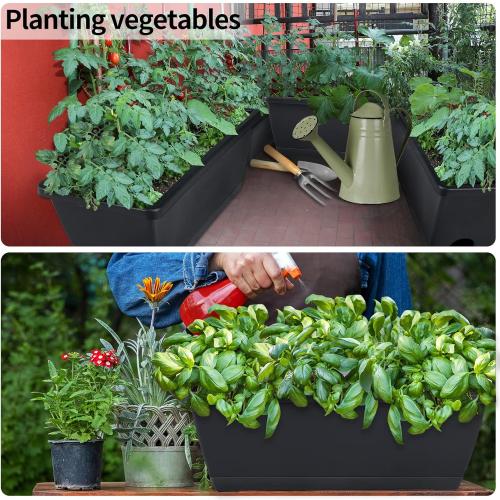 Window Box Planter, 10 Pack Plastic Vegetable Flower Planters Boxes 17 Inches Rectangular Flower Pots with Saucers for Indoor Outdoor Garden, Patio, Home Decor (Black)