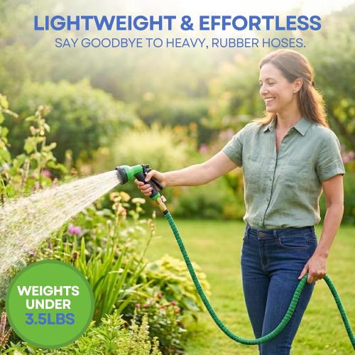J&B XpandaHose 100ft Expandable Garden Hose, Lightweight, Brass Connectors | Ultra Strong 3750D fabric, 4-layer latex core, expands 3X, kink & leak-resistant, 10-pattern nozzle, storage bag
