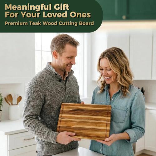 Teak Wood Cutting Boards for Kitchen, [18 x 14 x 1.25] Medium Wooden Cutting Boards, Knife Friendly Butcher Block Cutting Board with Deep Juice Grooves and Built in Handle