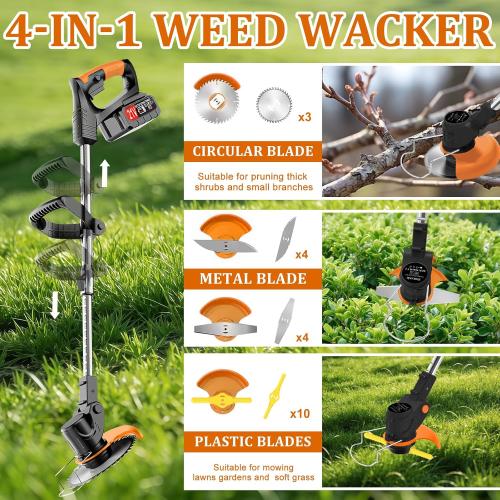 21V Electric Weed Wacker Cordless Weed Wacker Eater Lightweight Grass Trimmer with 4 Types Blade & Fast Charger & 2x2000mAh Batteries Brush Cutter for Garden Lawn Yard Black