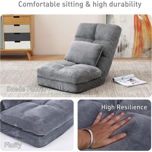 Indoor Floor Chaise Lounge Sofa Chair for Adults, 14-Angle Adjustable Recliner with Back Support & Pillow, Foldable Floor Lounger, Comfort for Living Room, Reading, Relax - Grey