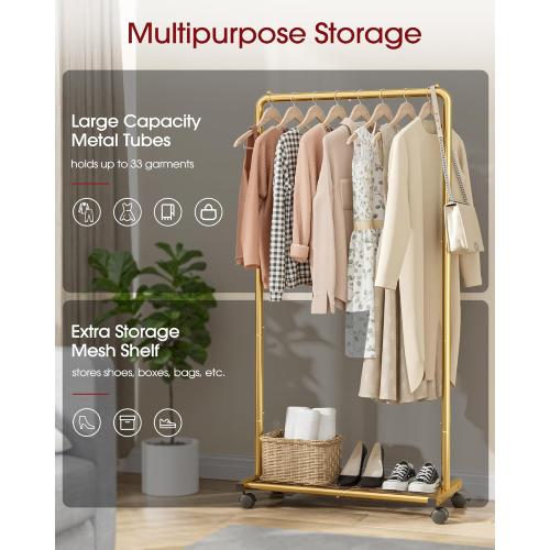 Clothes Rack - Clothing Rack with Storage Mesh Shelf & Casters, Heavy-Duty Metal Clothing Rack for Hanging Clothes, Dresses, Coats, Large Load Capacity, Easy Assembly, Gold, 28.0x16.9x59.0