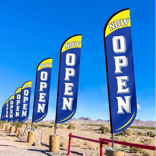 Preboun 2 Sets 12 ft Now Open Feather Flags Pole Kit for Business Advertising Feather Sign with Poles and Ground Spikes Open Flags Banner for Store Outside Signs (Blue)