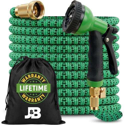 J&B XpandaHose 100ft Expandable Garden Hose, Lightweight, Brass Connectors | Ultra Strong 3750D fabric, 4-layer latex core, expands 3X, kink & leak-resistant, 10-pattern nozzle, storage bag