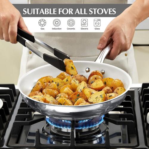 KOCH SYSTEME CS Stainless Steel Pan with Lid, Premium 12 Stainless Steel Skillets with Nonstick White Ceramic Coating, Nonstick Frying Pan with Lid, Induction Compatible, 12 Inch