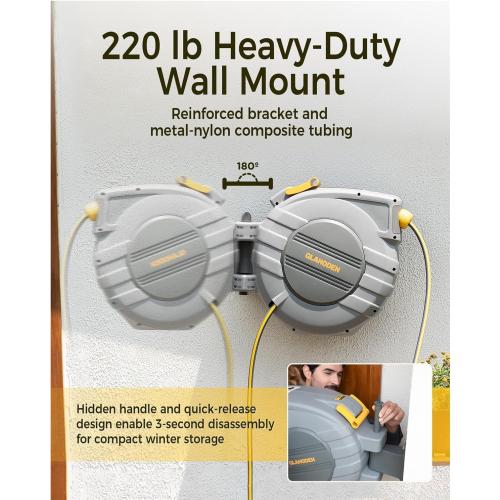 Grey and Yellow Retractable Garden Hose Reel 5/8 in x 100 ft Upgraded UV Resistant Heavy Duty Automatic Hose Reel Wall Mount 3/4 in Brass Fitting 9 Pattern Nozzle Any Length Lock Slow Retraction 180° Swivel