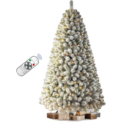 7.5 FT Pre-lit Snow Flocked Christmas Tree Spruce with Remote Control, 350 Warm White Multi-Color Changing LED Lights, Artificial Hinged/Feel Real/Realistic for Home, Dual Color LED
